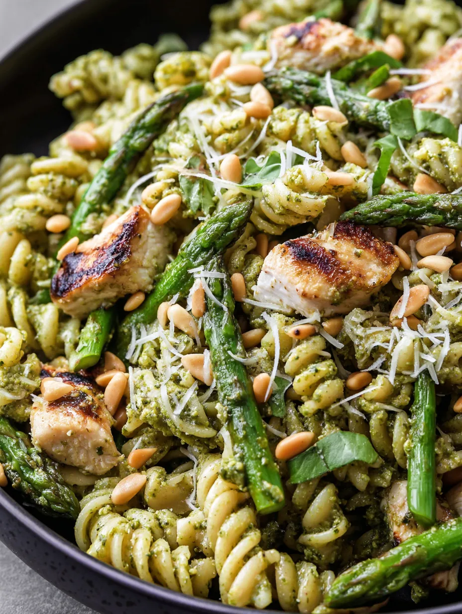 A bowl of pasta with chicken and asparagus.