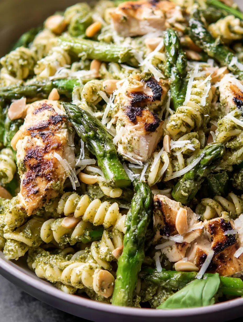 A bowl of pasta with chicken and green beans.