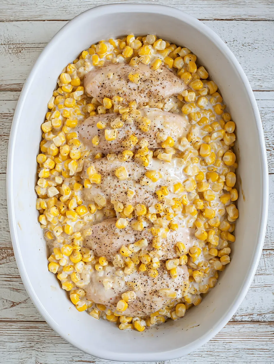 A bowl of food with corn and chicken.
