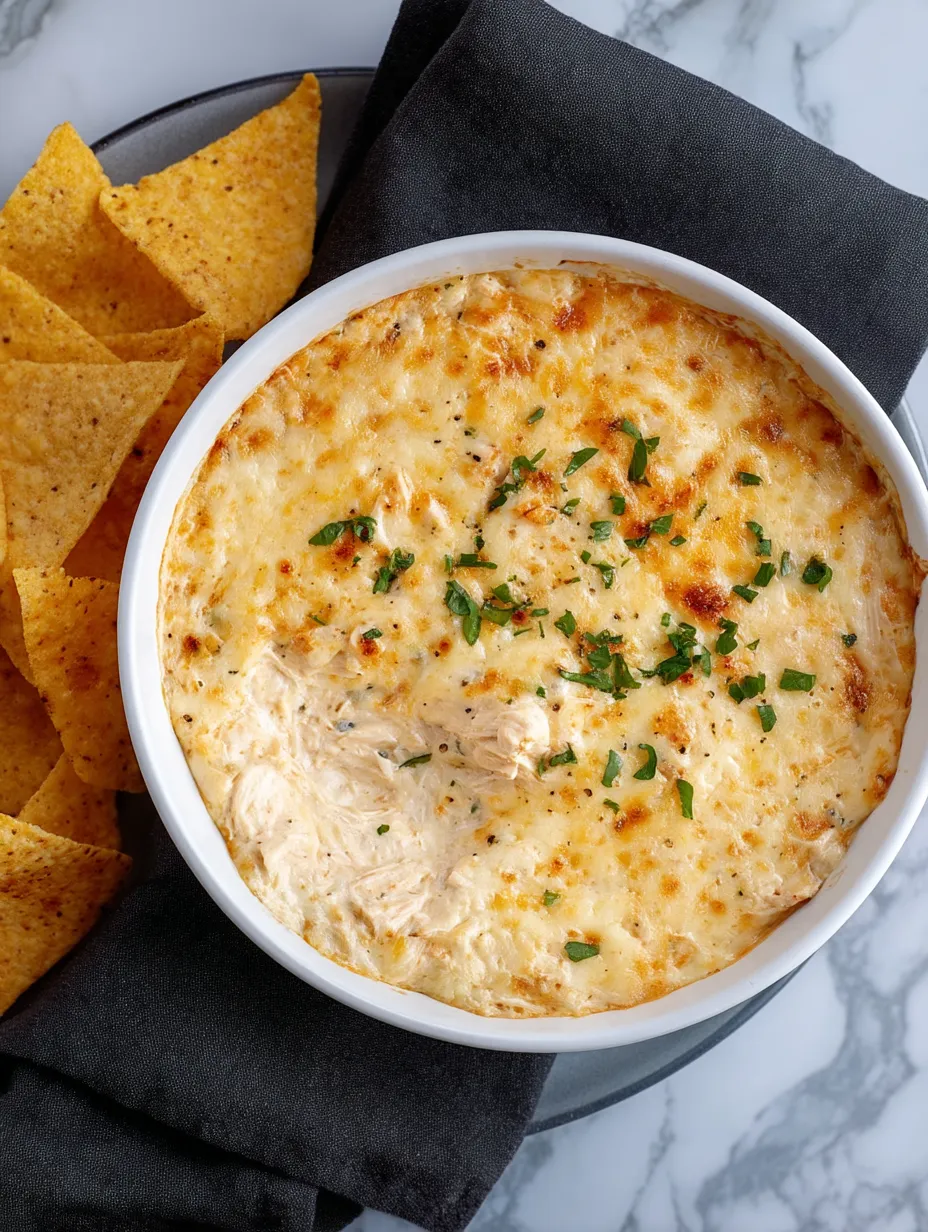 A bowl of chicken dip with chips.