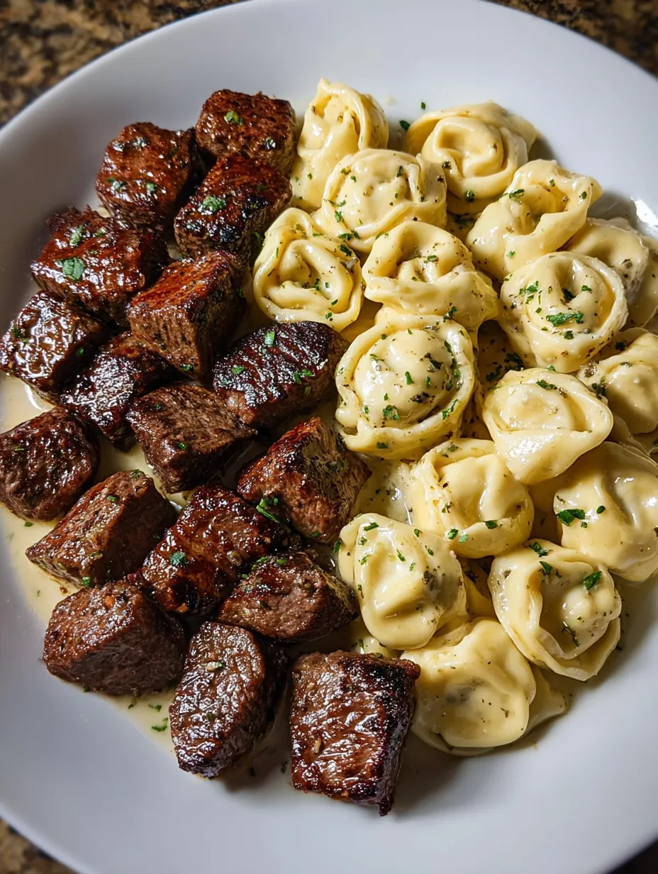 Garlic Butter Steak Bites and Creamy Alfredo Tortellini.