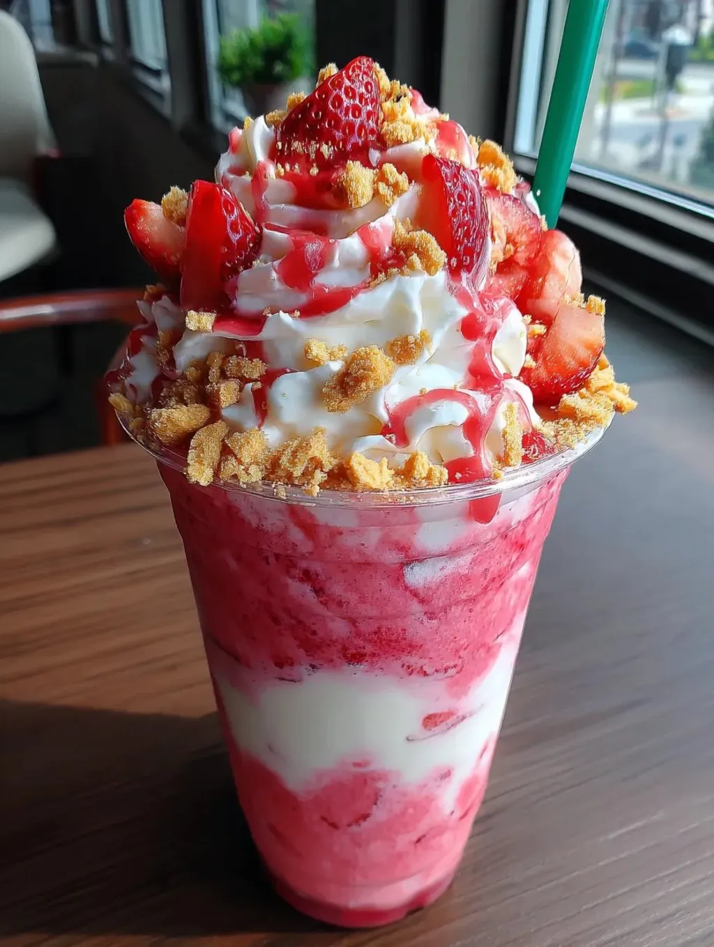 A strawberry milkshake with whipped cream and crushed nuts.