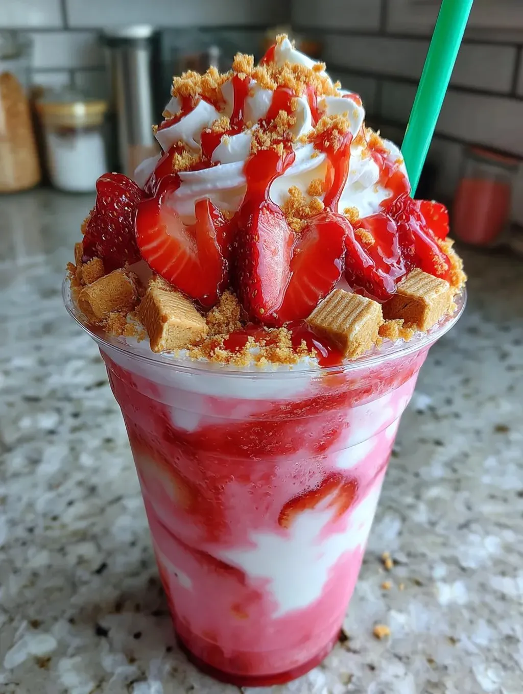 A strawberry milkshake with whipped cream.