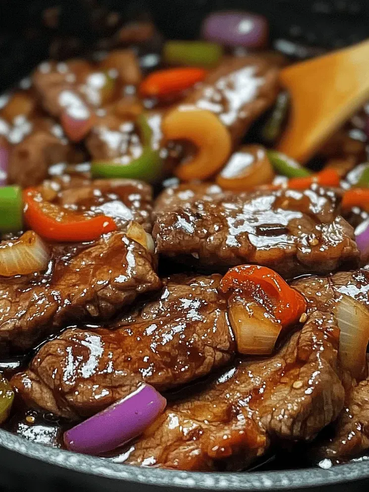 A plate of beef with peppers and onions.