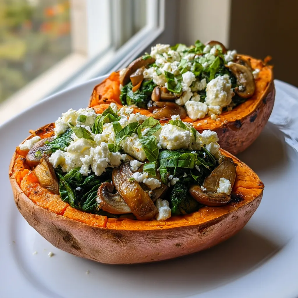 Two slices of sweet potato with cheese and mushrooms.