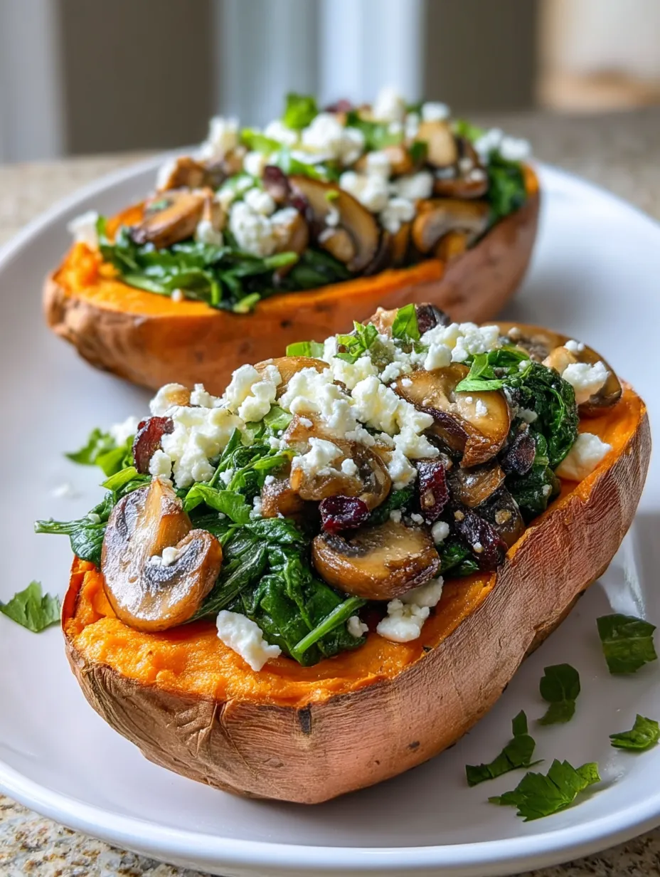 Two sliced baked sweet potatoes with mushrooms and feta cheese.