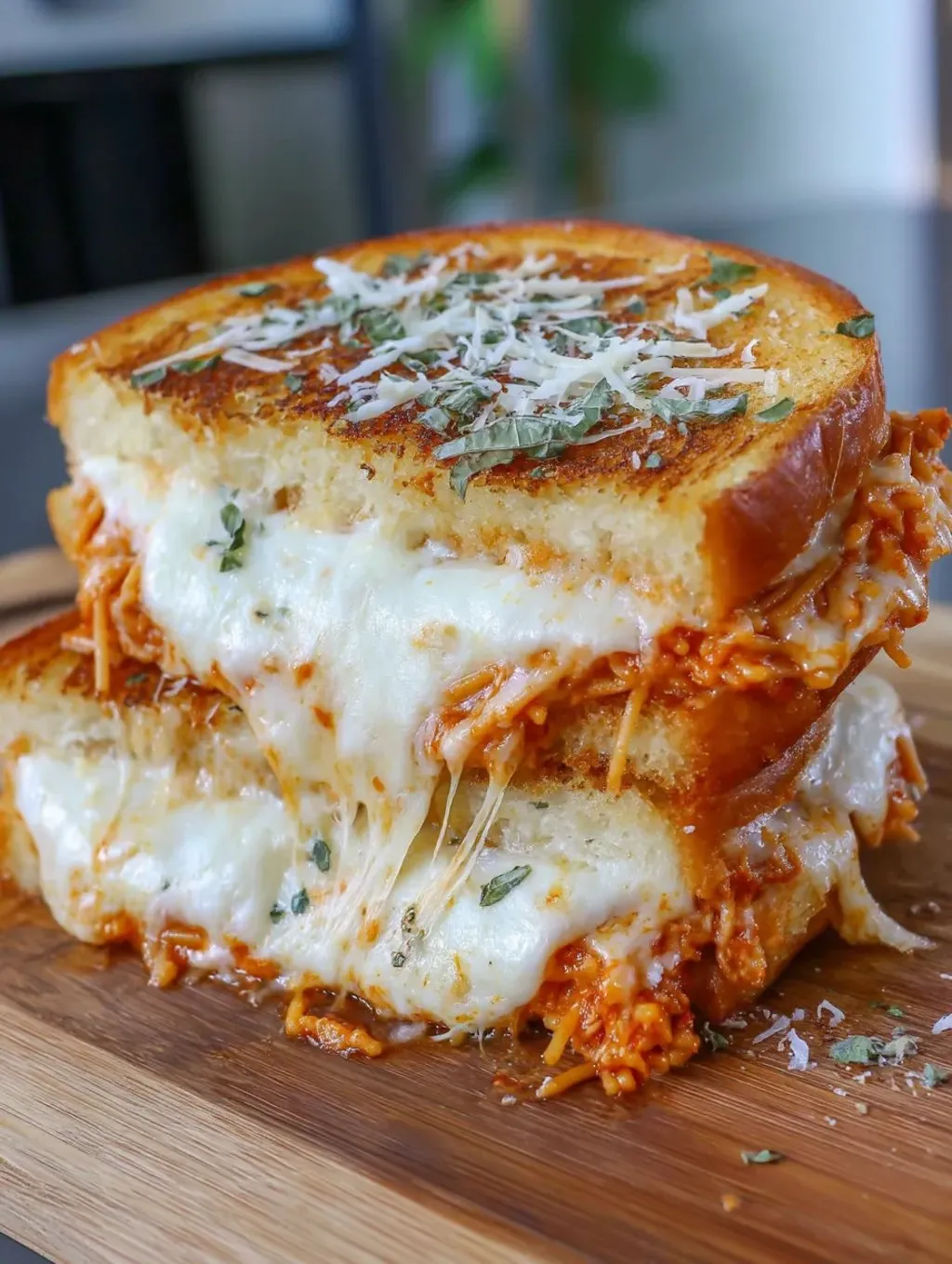A sandwich with meat and cheese on a wooden table.