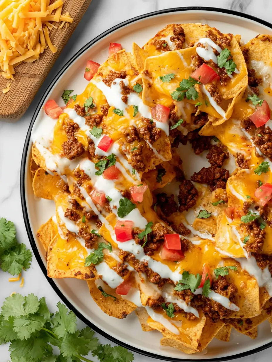 A plate of nachos with tomatoes and cheese.