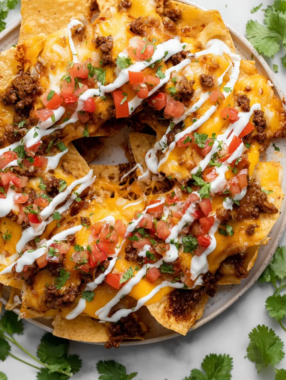 A plate of nachos with cheese and tomatoes.