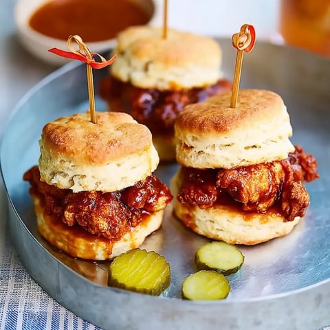 Two pieces of chicken with pickles on a silver platter.