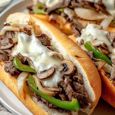 A plate of sandwiches with meat and mushrooms.