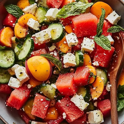 A bowl of fruit salad with feta cheese.