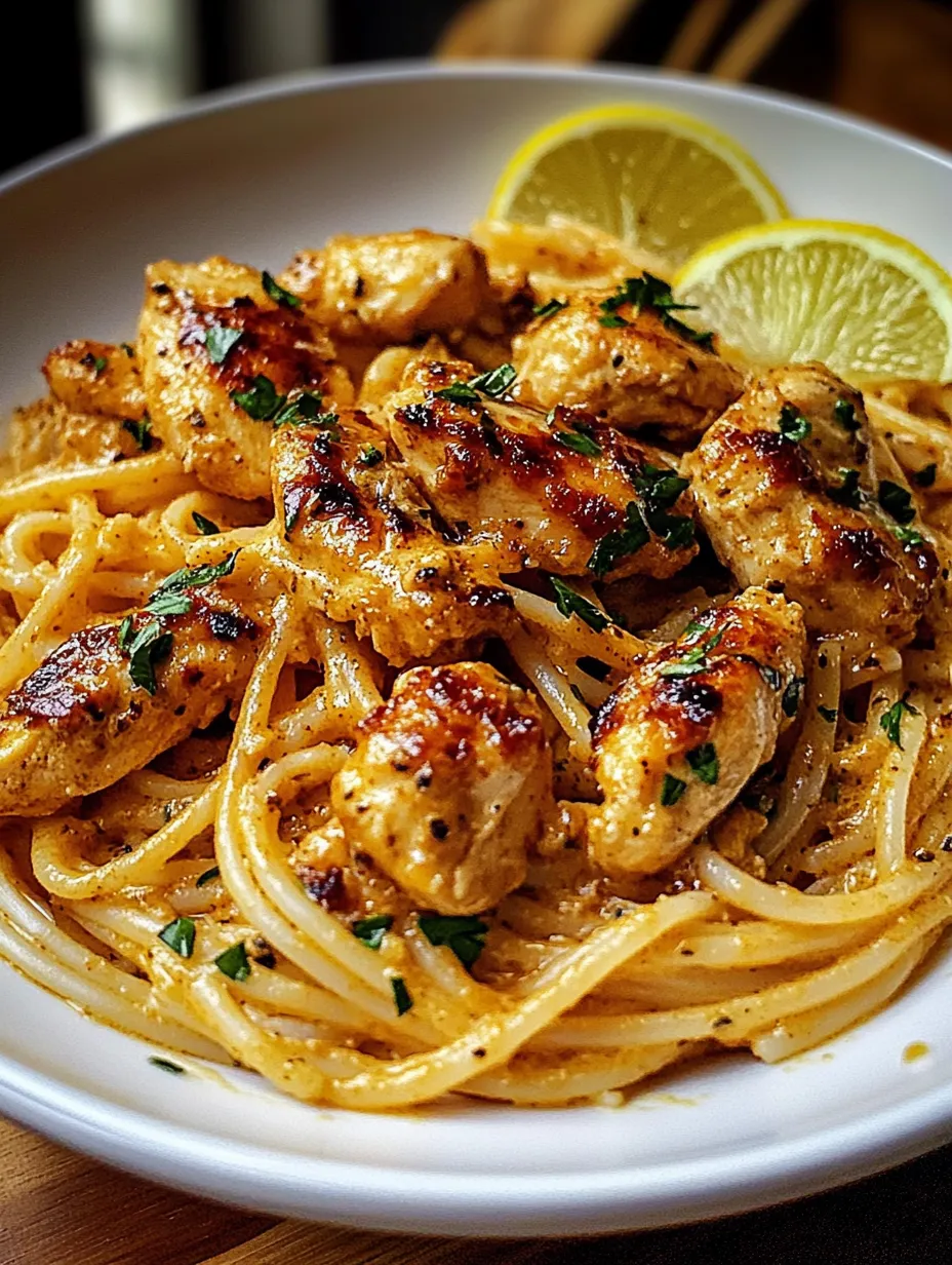 Pasta bowl filled with lemon slices and chicken pieces.