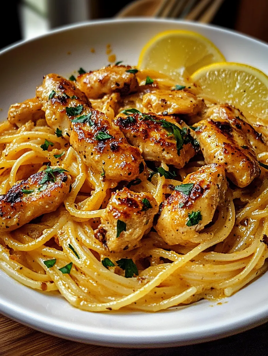 Pasta bowl featuring lemon and chicken chunks.