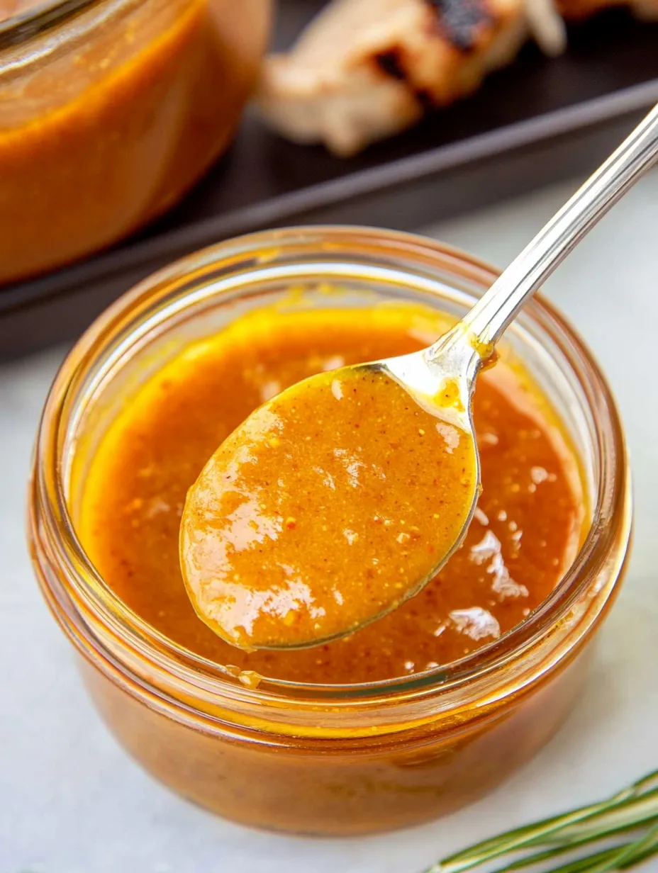 A spoon in a jar of orange sauce.