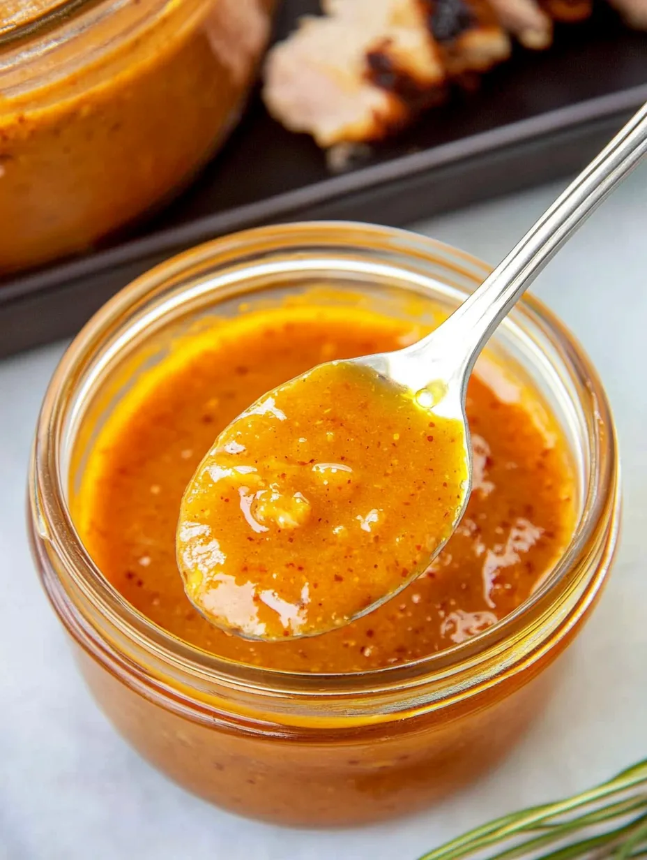 A spoon in a jar of orange sauce.