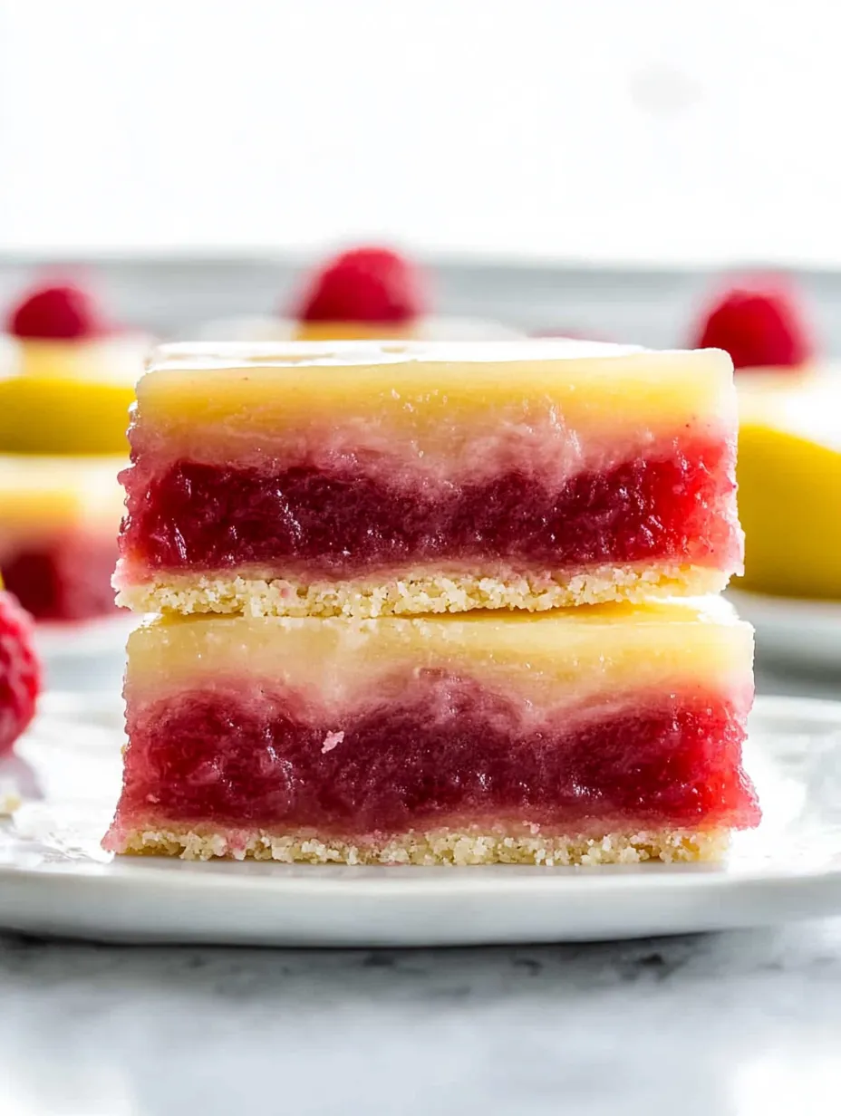 A square dessert topped with raspberries.