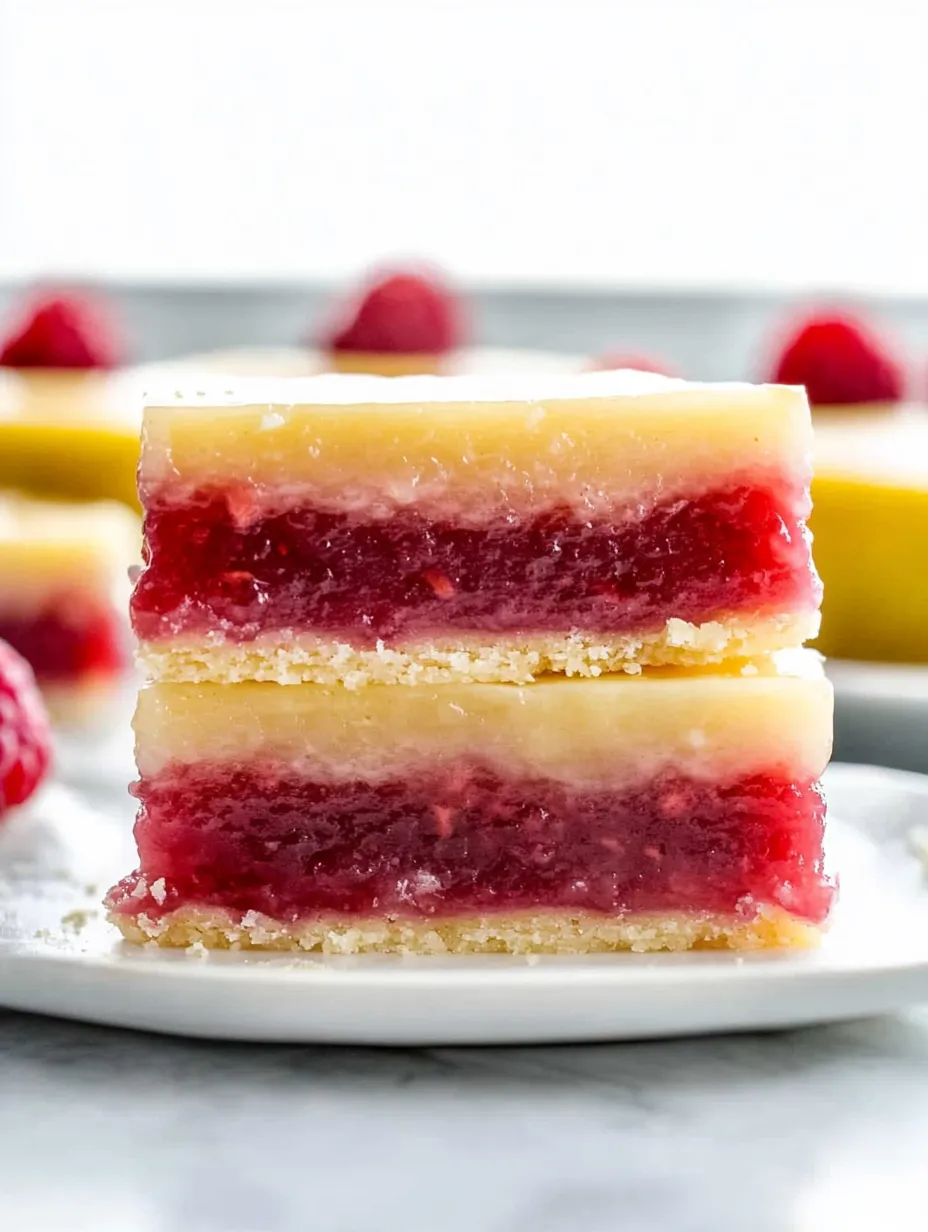 A square dessert topped with raspberries.