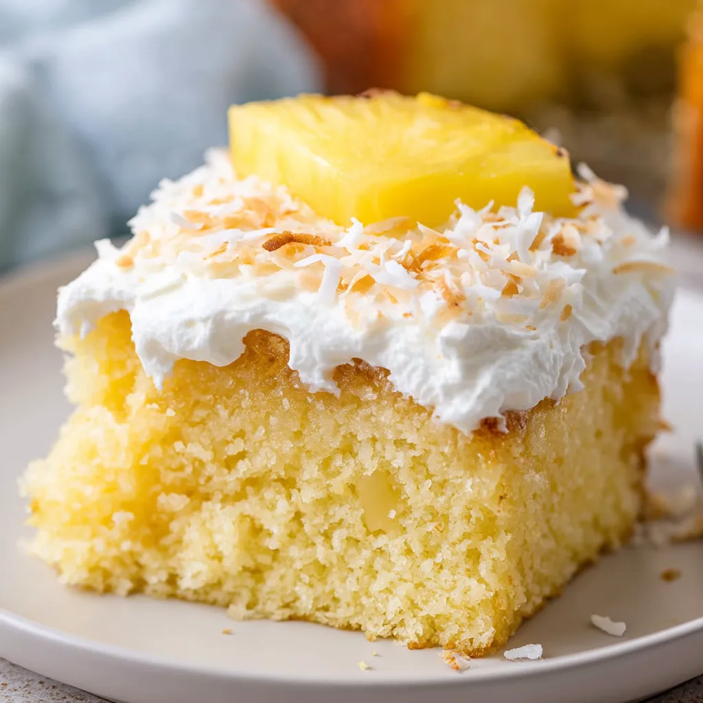 A tall slice of vanilla cake topped with white cream and a juicy pineapple wedge.