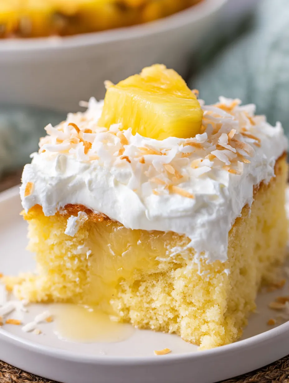 Big fluffy slice of cake covered in white topping with a piece of pineapple up top.