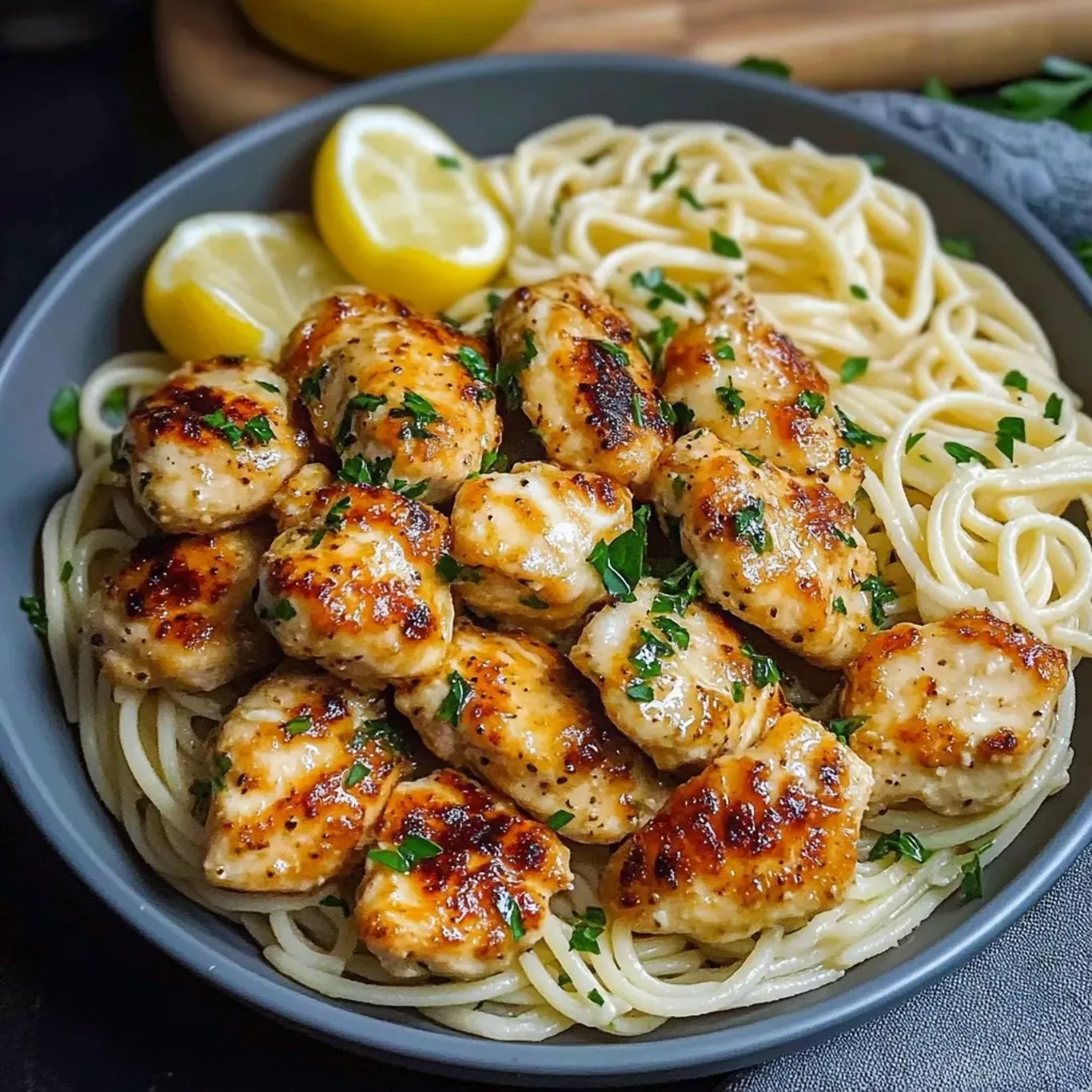 Hearty pasta bowl with juicy chicken pieces and fresh lemon on the side.