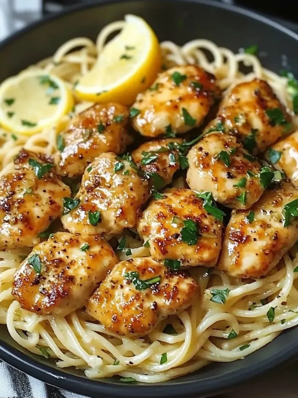 Pasta with chicken and fresh lemon wedges in a bowl.