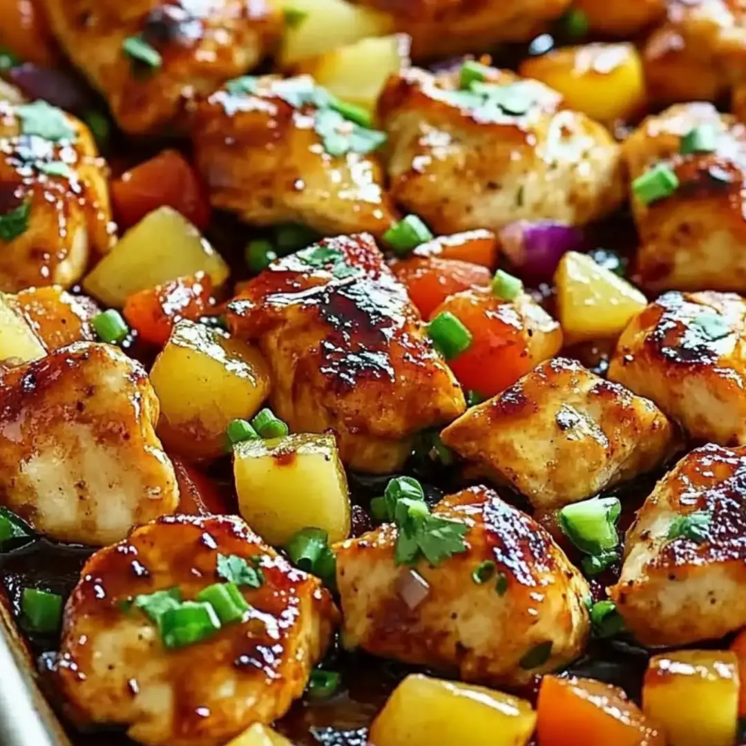 Chicken, pineapple, and onions all roasted together in a pan.