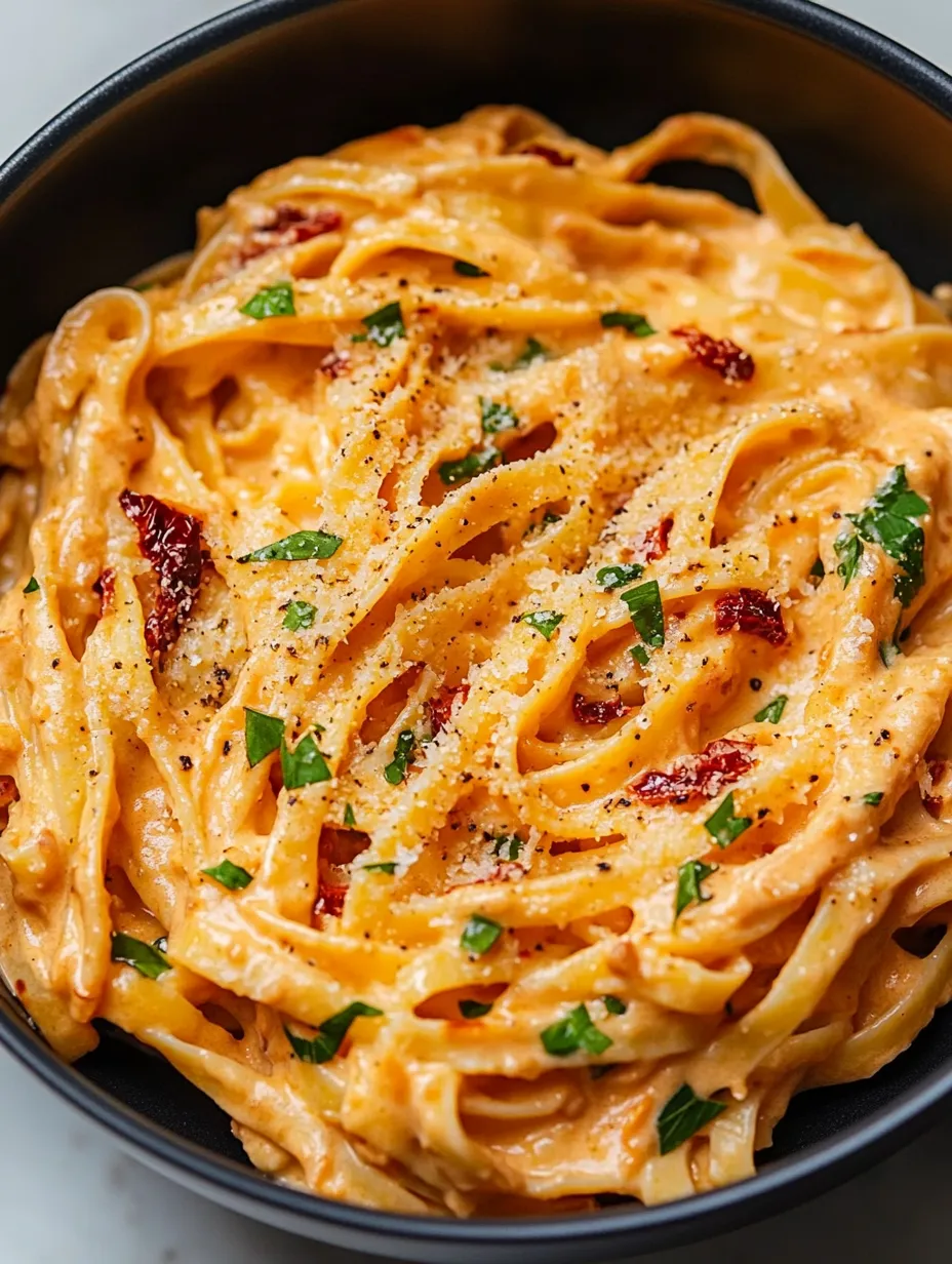 A bowl filled with pasta, red-tinted sauce, and fresh green herbs.
