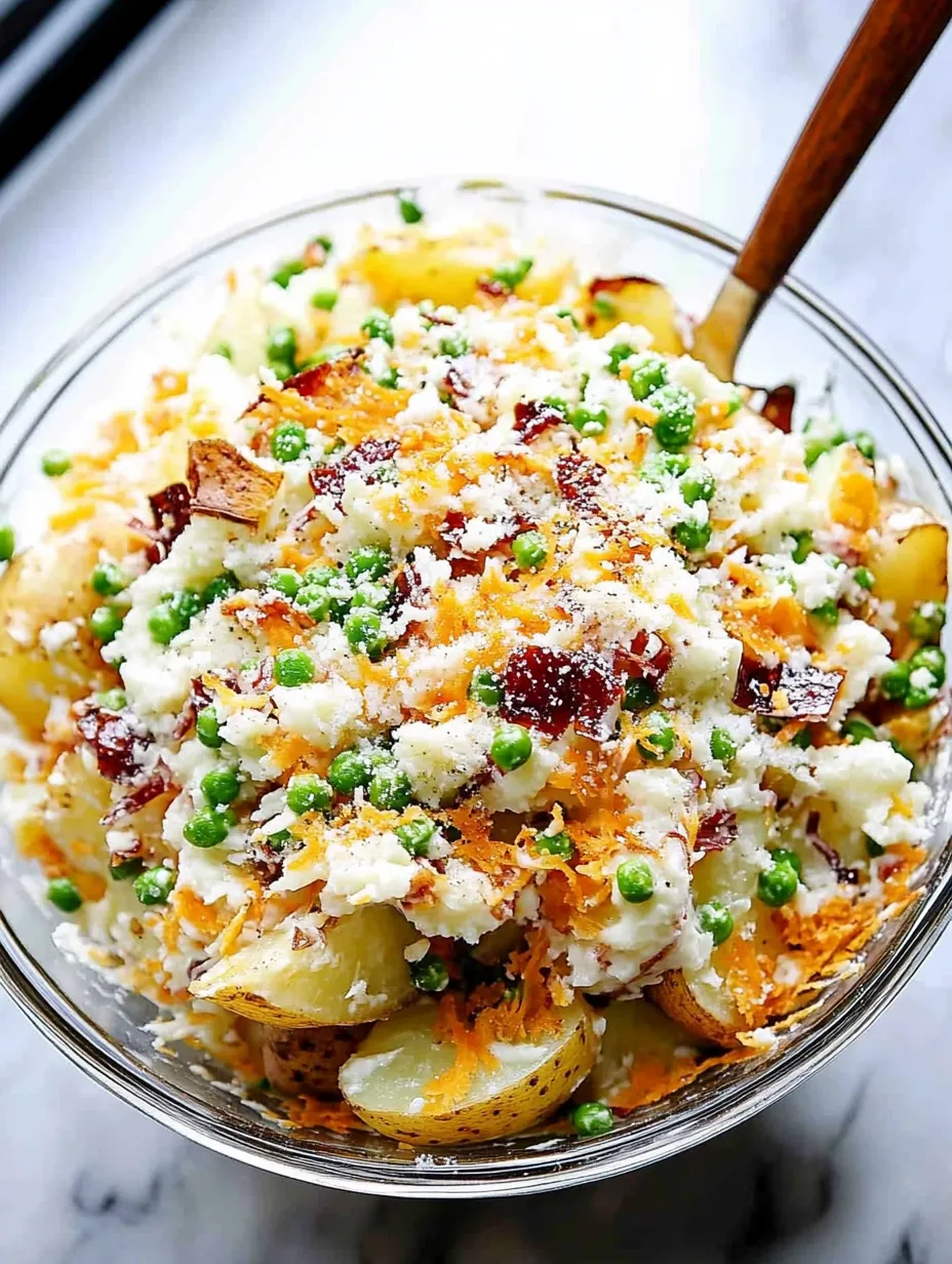 A bowl featuring potatoes and green peas.
