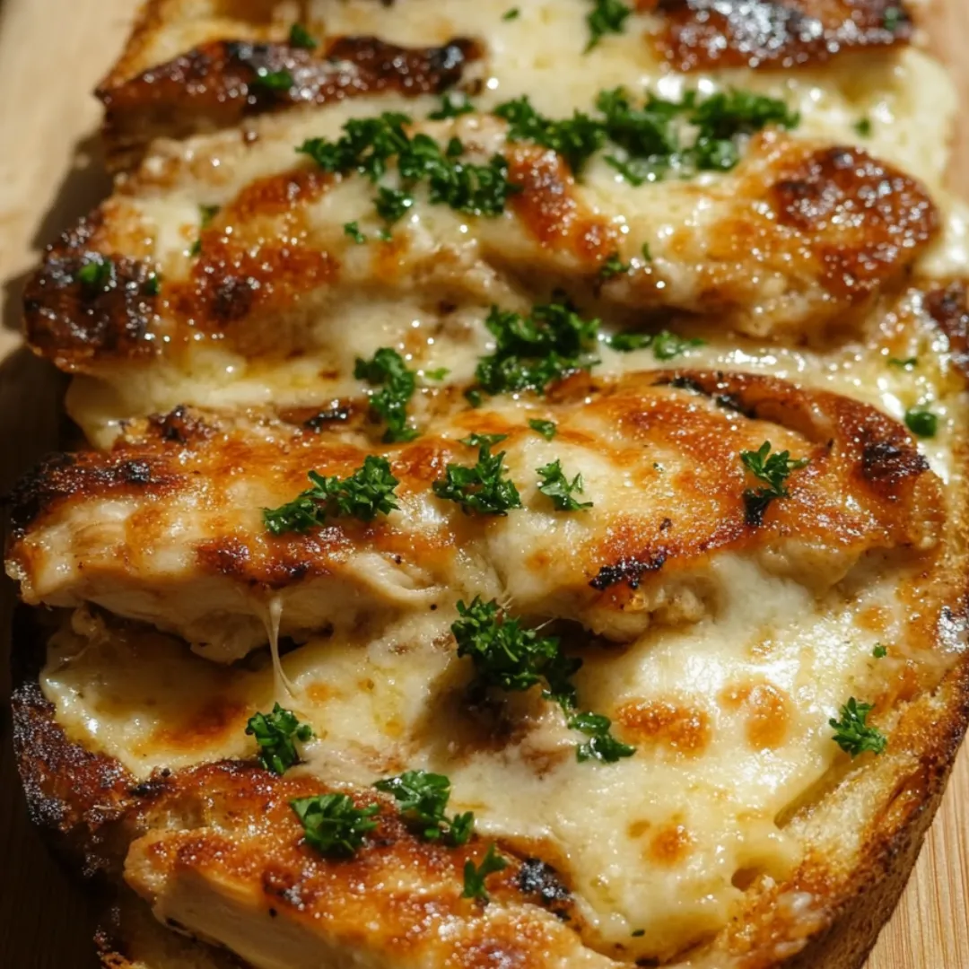 A hearty slice of bread covered in chicken and stretchy cheese.