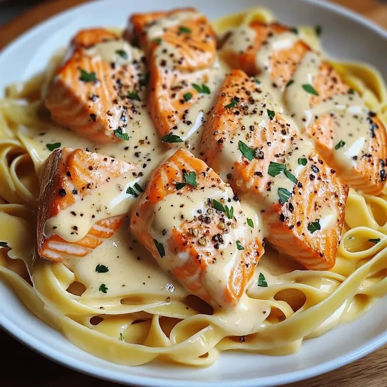 White plate piled high with creamy fettuccine and chunks of salmon.
