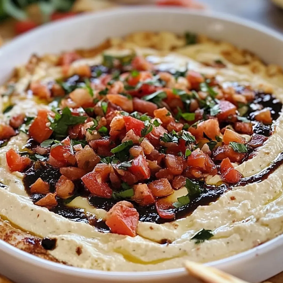 Cheese dip in a round bowl topped with big tomato chunks, up close.