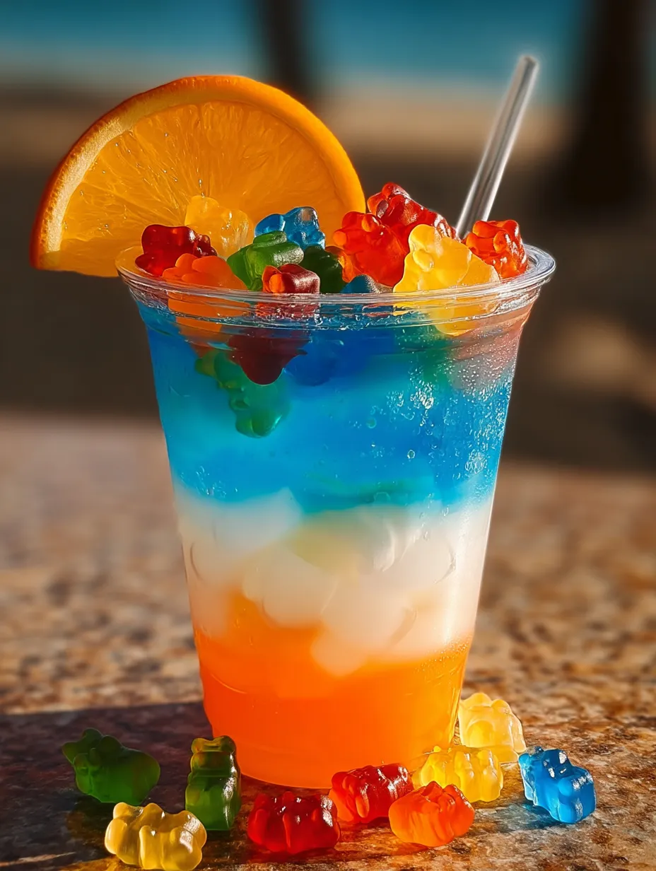 Cup loaded with fruit punch topped by floating gummy bears.