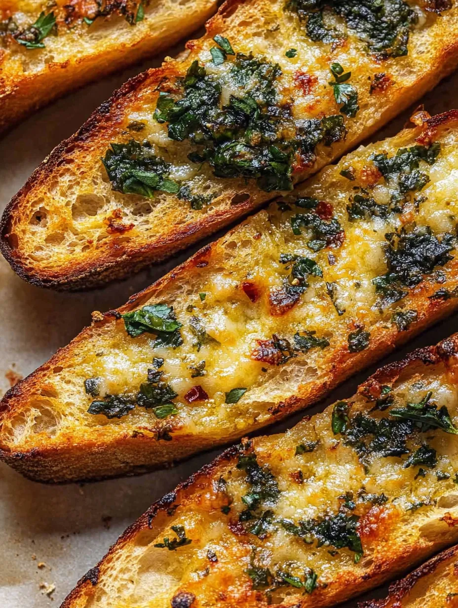 Several bread slices finished with cheese and chopped herbs.