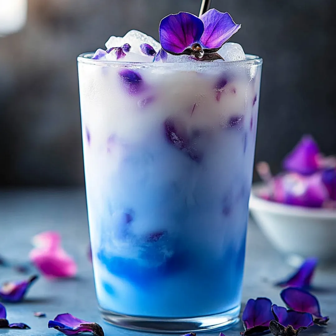 Iced blue latte in a glass topped with purple petals.