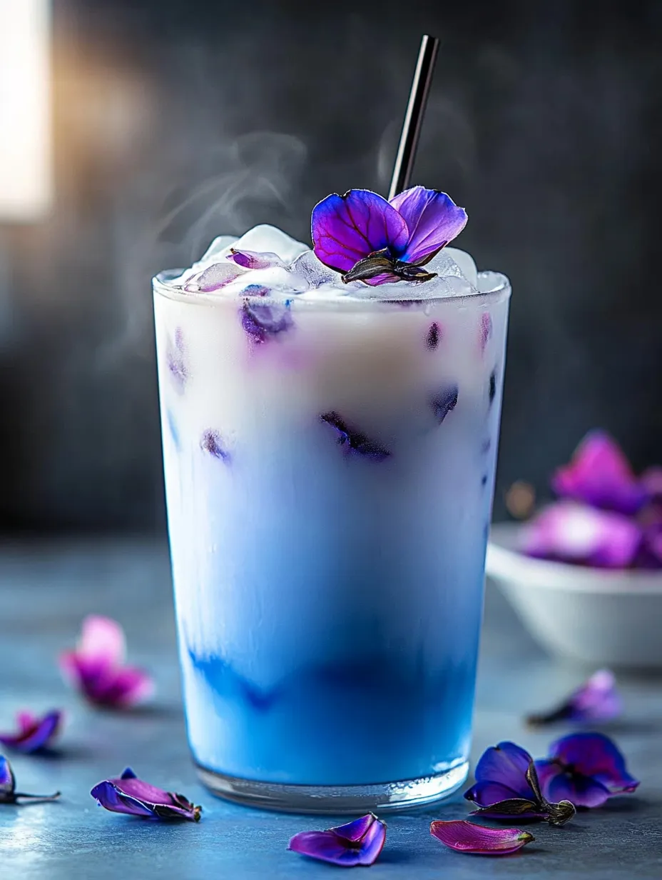 A blue iced drink in a glass with purple flowers on top.