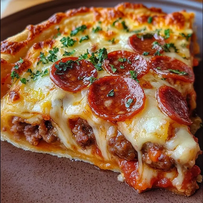 Pizza pie wedge packed with cheese and pepperoni.