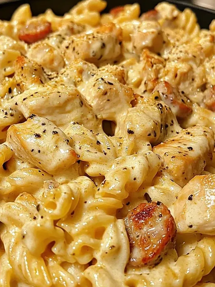 A plate loaded with chicken, pasta, and some tomatoes.