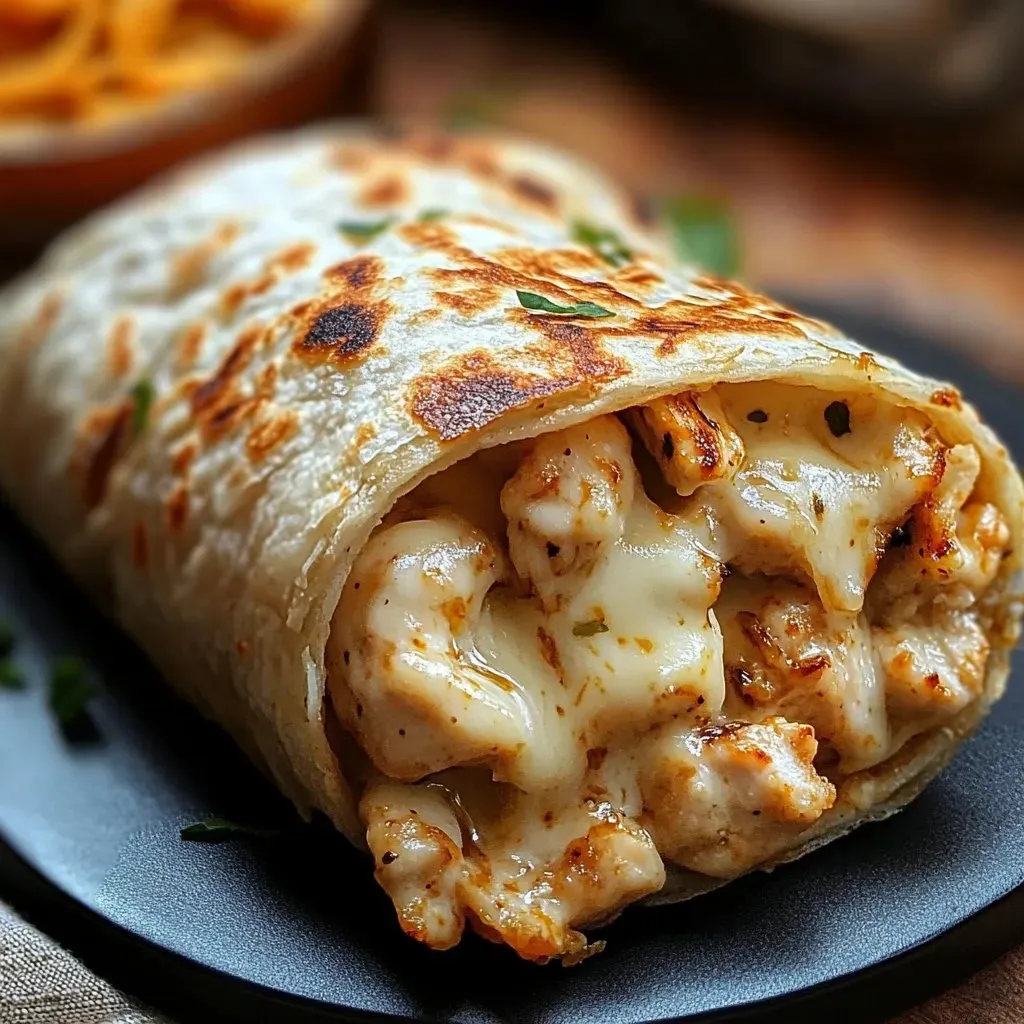 A chicken burrito sitting on a plate.