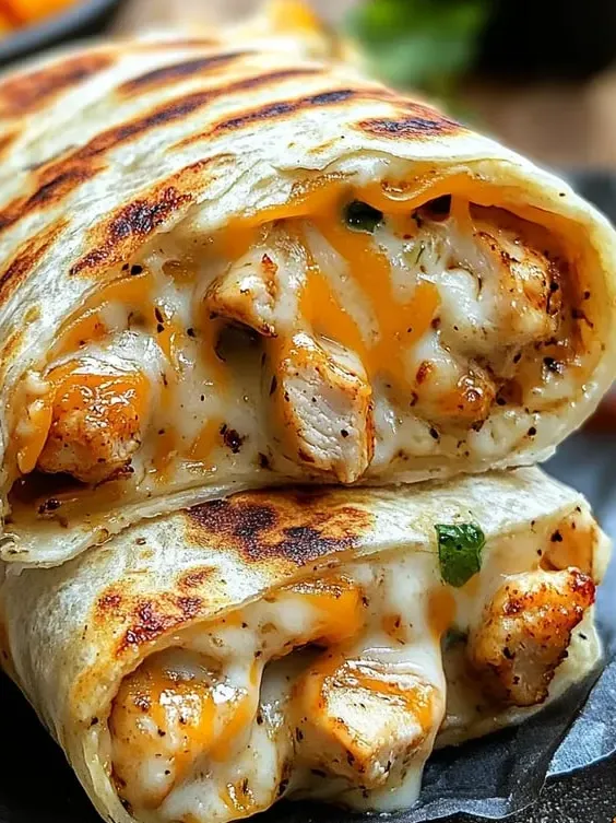 A burrito with chicken and cheese.
