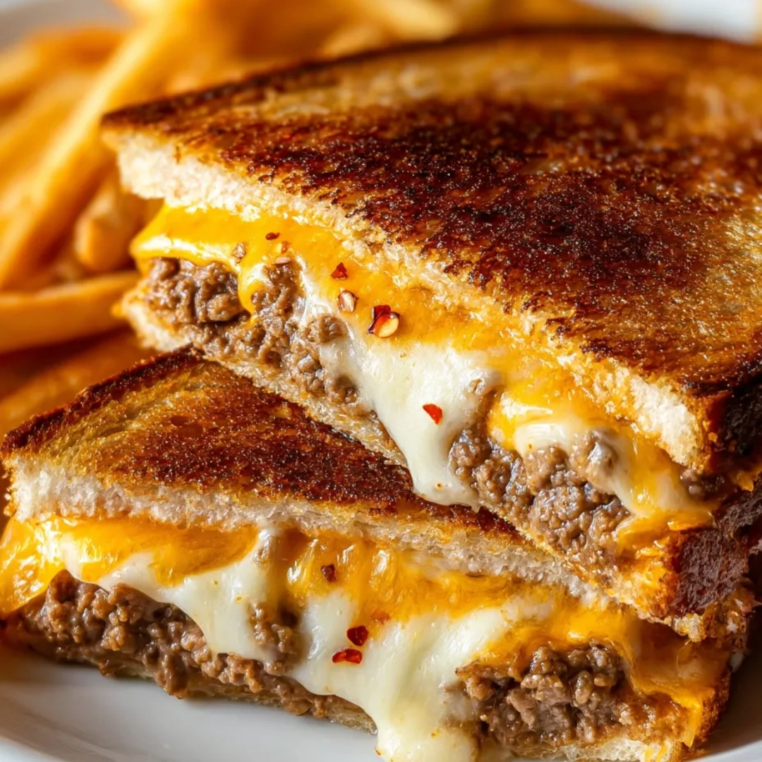Toasty sandwich with melted cheese and beef on a plate.