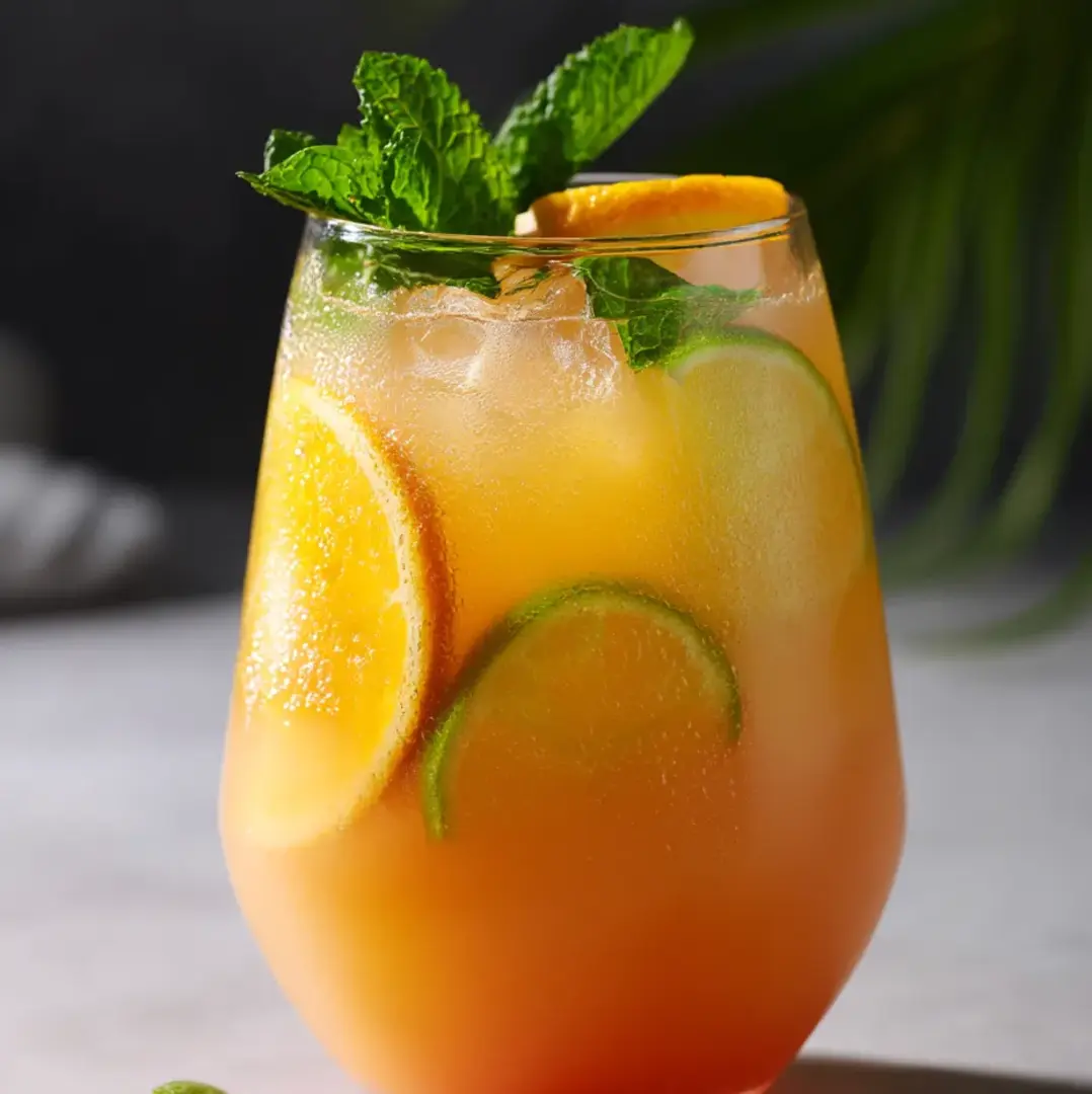 Chilled orange drink in a glass with a lemon wheel.