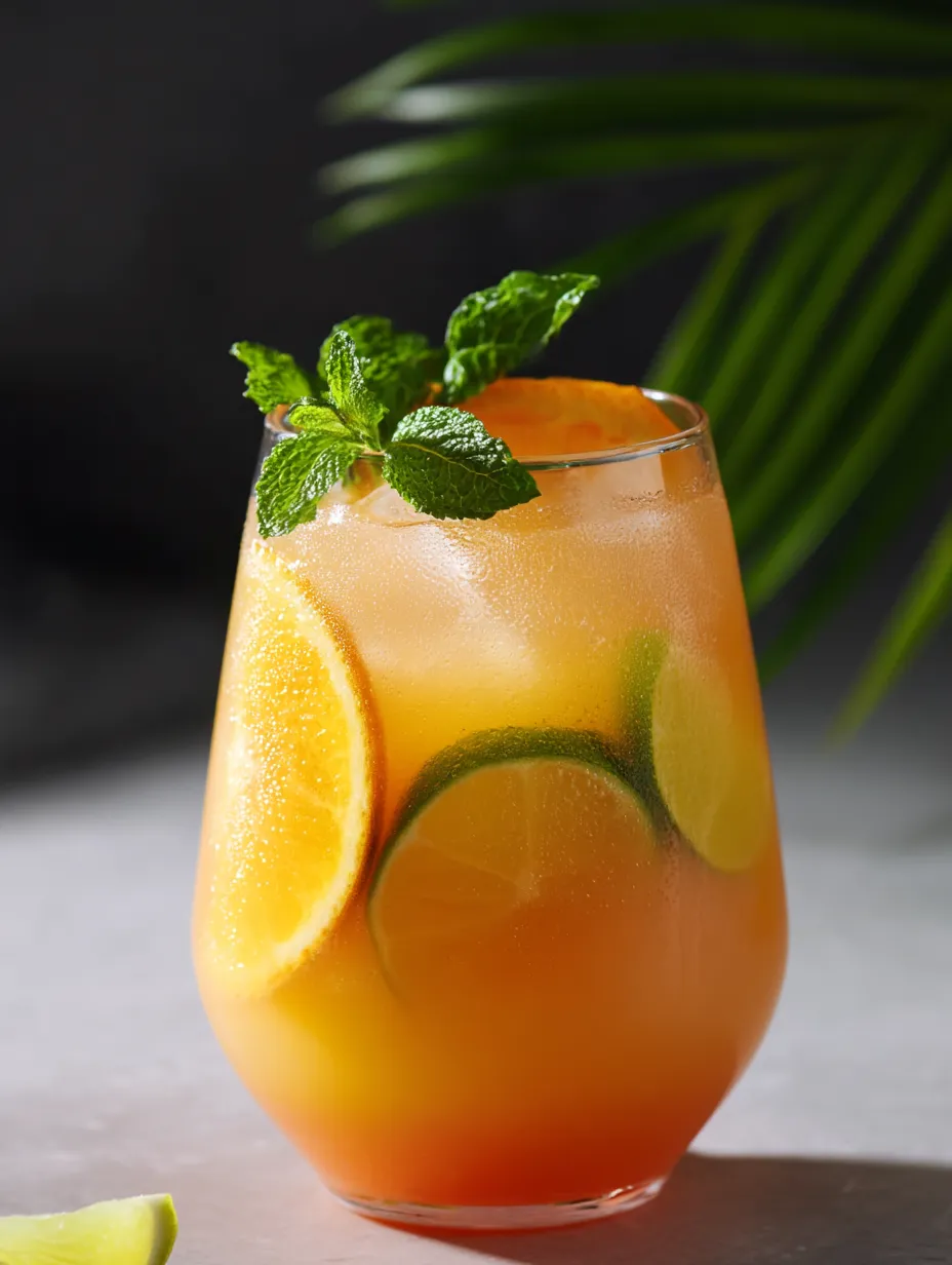 A glass full of orange juice and mint on top.