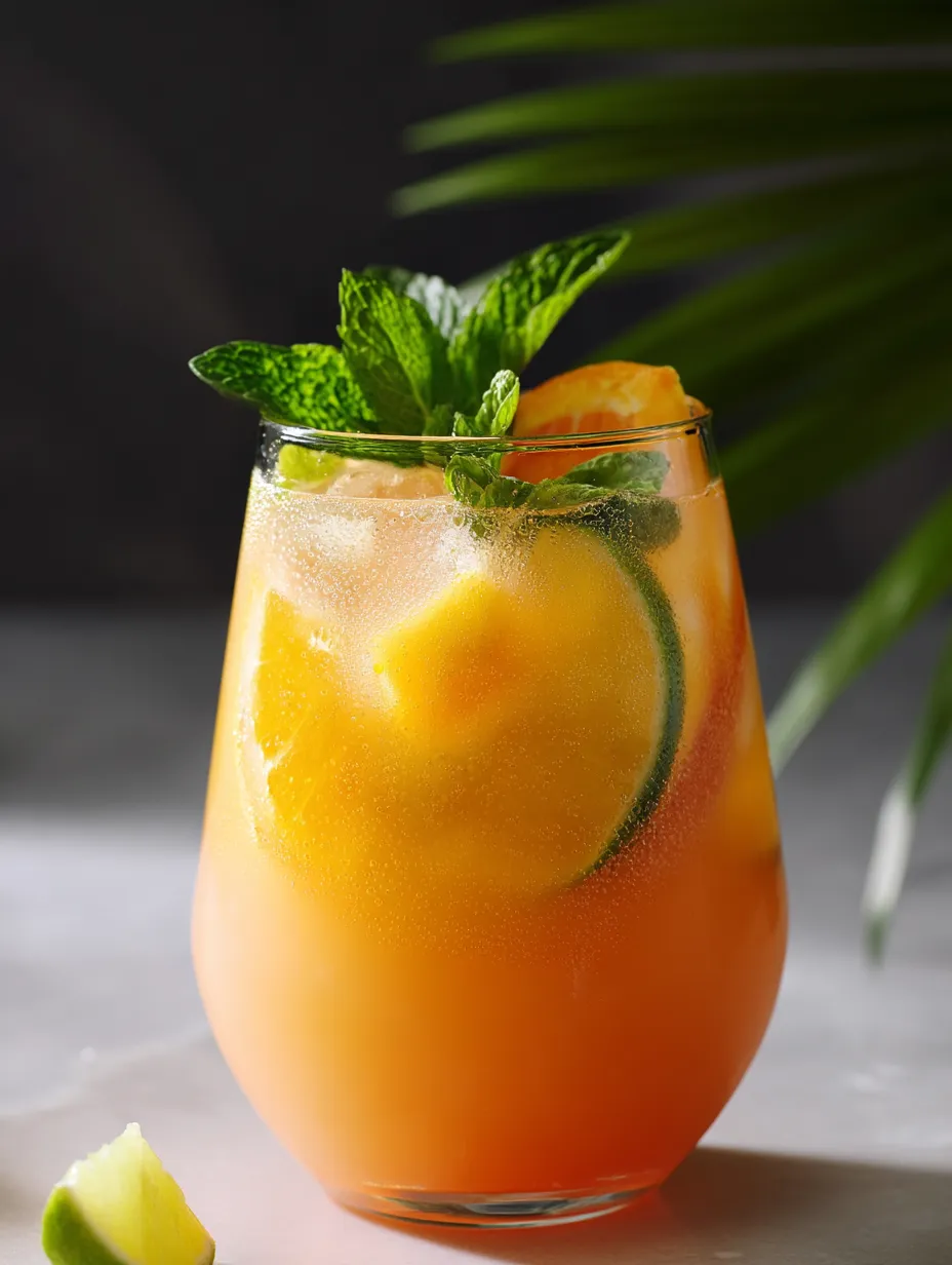 Orange juice in a glass with a slice of lemon on the rim.