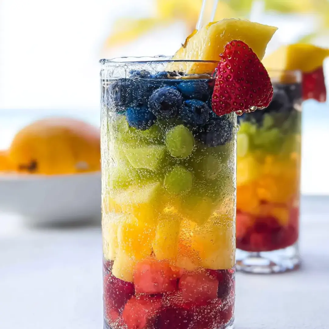 Glass loaded with strawberries and blueberries swimming in juice.