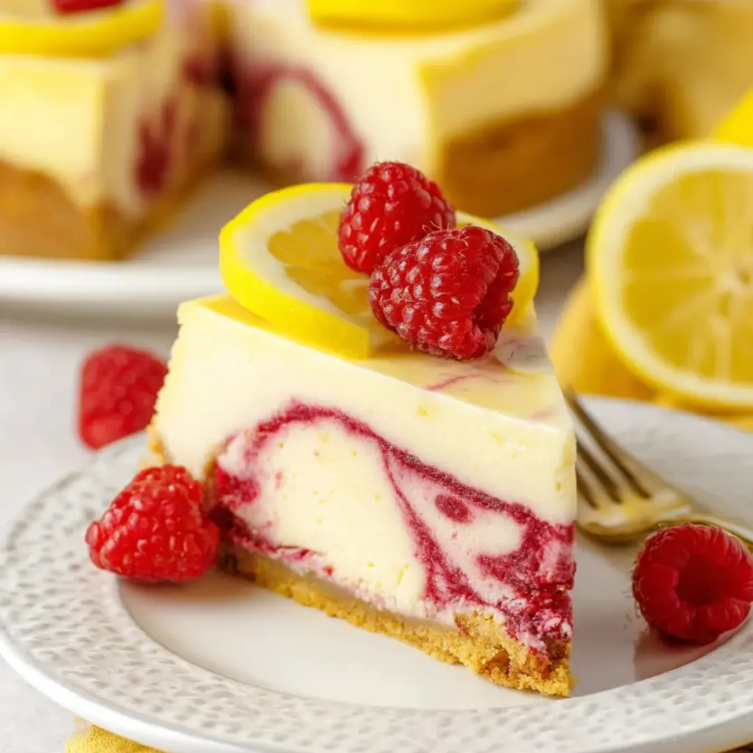 A piece of chilled lemon cheesecake with raspberries piled on top.