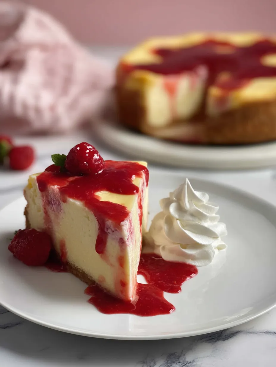 A slice showing cheesecake with a cherry topping.