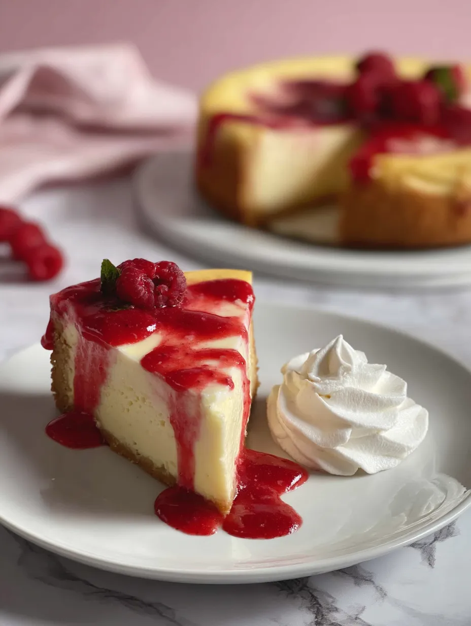 Cheesecake piece topped with glossy raspberry sauce.