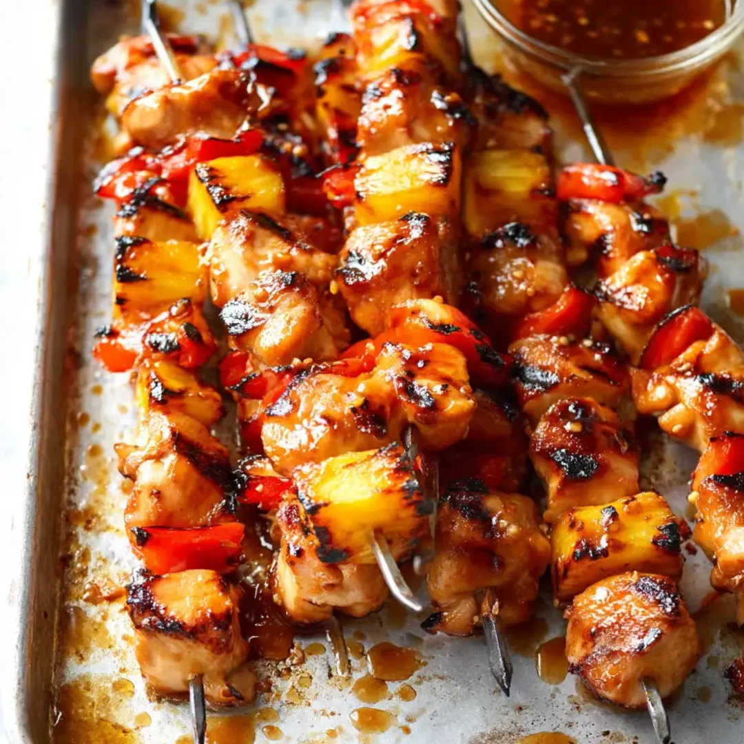 Chicken and veggies on skewers sitting on a tray with BBQ sauce.