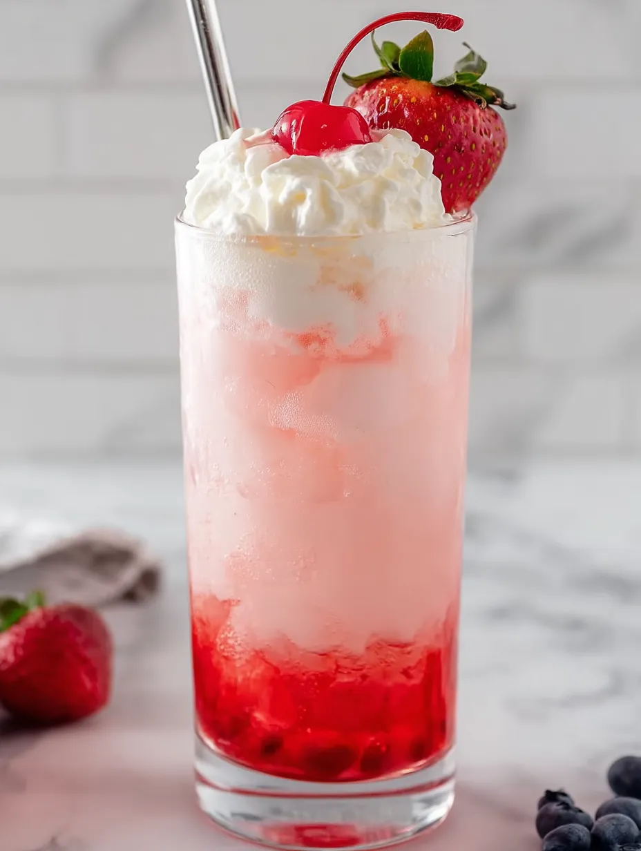 A tall glass filled with a pink soda drink and some strawberries around.